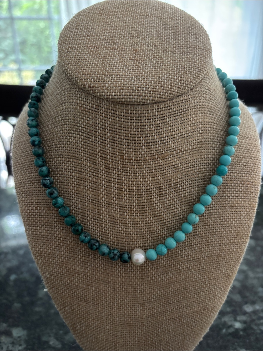 Genuine Turquoise Beaded Necklace with Freshwater Pearl Accent